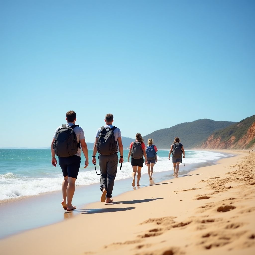 Team of beach experts walking along Australian coastline